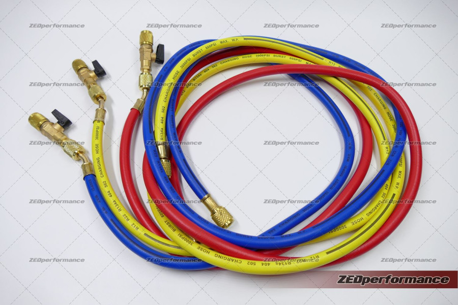 AC charging hoses with shut-off valves